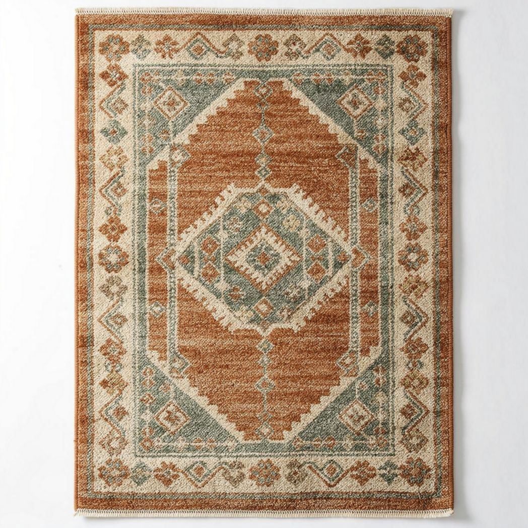 Tapis en laine tissé main couleur brun et turquoise 150 x 100 x 1cm