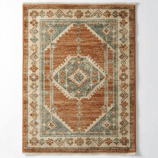 Tapis en laine tissé main couleur brun et turquoise 150 x 100 x 1cm